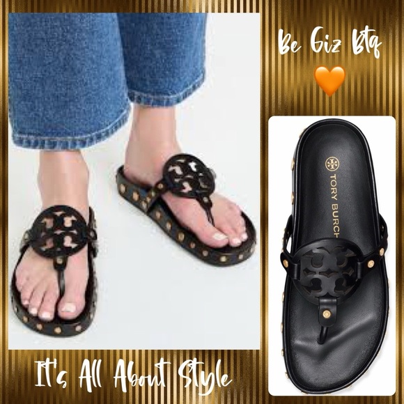 NWT Tory Burch Miller Cloud  Gold Coin Thong Sandals Perfect Black Size 11 M - Picture 3 of 13